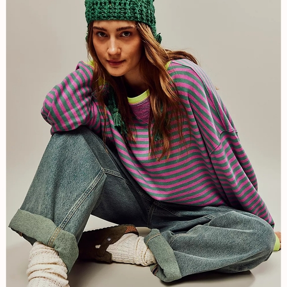 Free People Classic Striped Oversized Crewneck Sweatshirt  Sweater NEW! - Picture 5 of 7